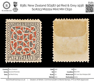 8381: New Zealand SG587 9d Red & Grey 1936 Sc#213 Mi222a Mint MH C£50
