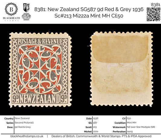 8381: New Zealand SG587 9d Red & Grey 1936 Sc#213 Mi222a Mint MH C£50