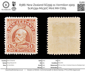 8386: New Zealand SG399 1s Vermilion 1909 Sc#139a Mi130C Mint MH C£65