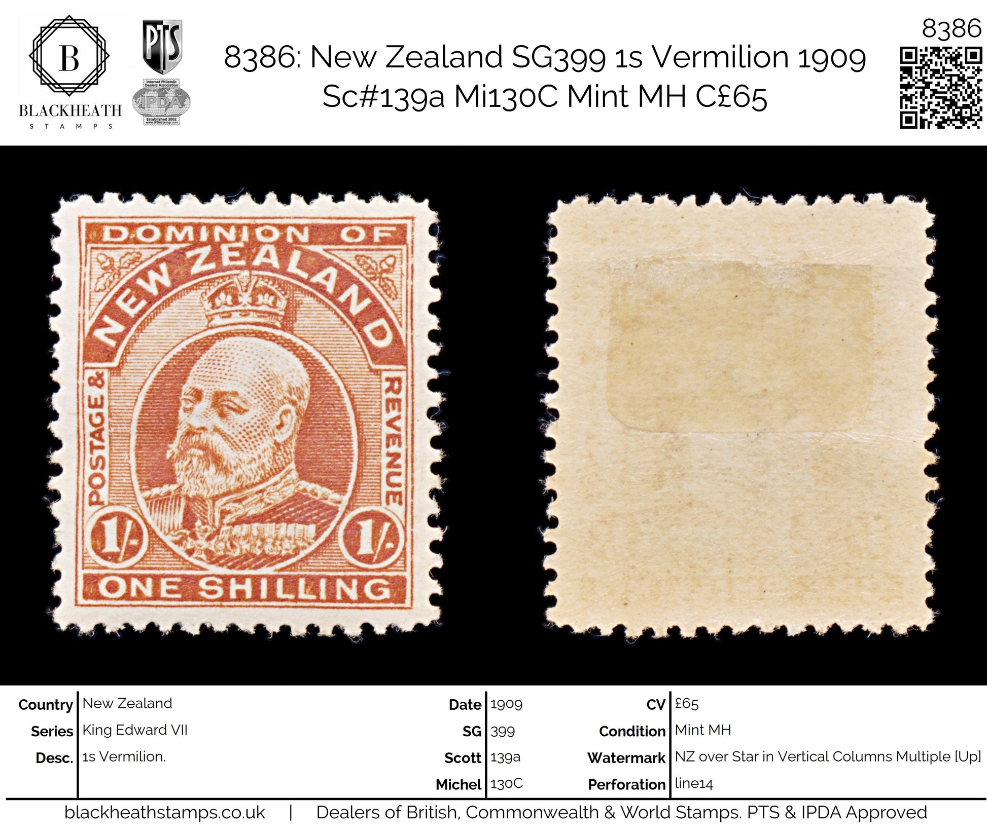 8386: New Zealand SG399 1s Vermilion 1909 Sc#139a Mi130C Mint MH C£65