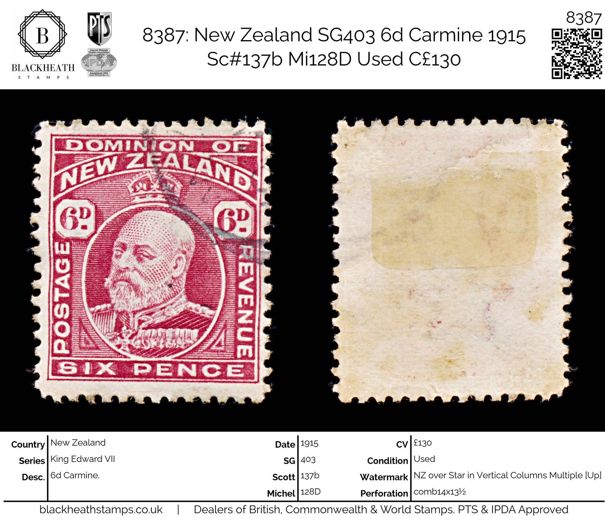 8387: New Zealand SG403 6d Carmine 1915 Sc#137b Mi128D Used C£130