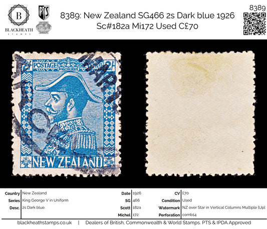 8389: New Zealand SG466 2s Dark blue 1926 Sc#182a Mi172 Used C£70