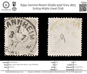 8394: German Realm SG36a 50pf Grey 1875 Sc#34 Mi36a Used C£18