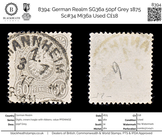 8394: German Realm SG36a 50pf Grey 1875 Sc#34 Mi36a Used C£18