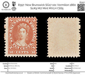 8397: New Brunswick SG17 10c Vermilion 1860 Sc#9 Mi7 Mint MVLH C£65