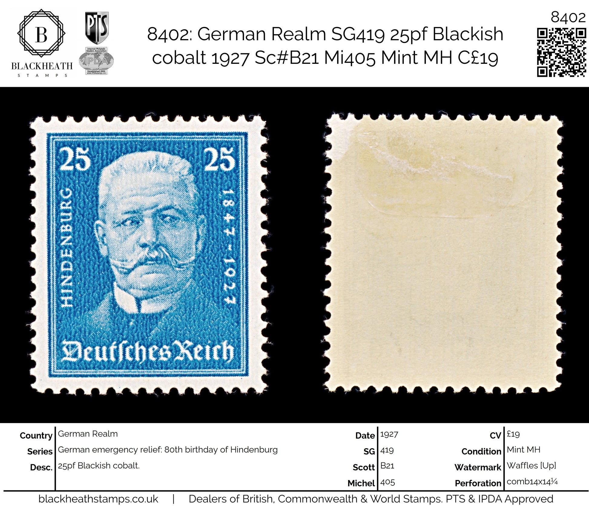 8402: German Realm SG419 25pf Blackish cobalt 1927 Sc#B21 Mi405 Mint MH C£19