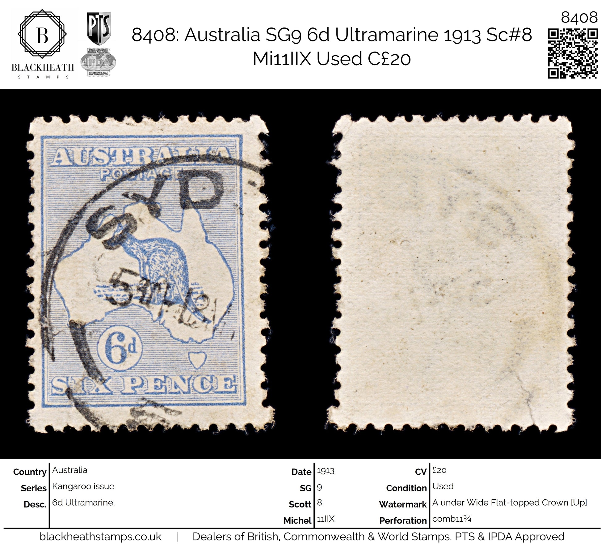8408: Australia SG9 6d Ultramarine 1913 Sc#8 Mi11IIX Used C£20