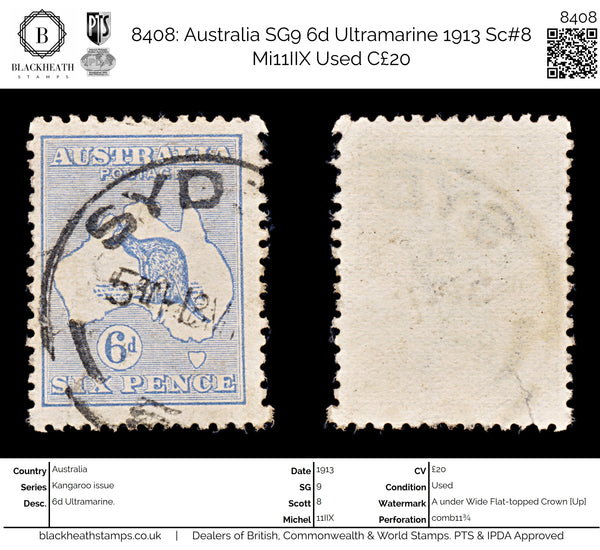 8408: Australia SG9 6d Ultramarine 1913 Sc#8 Mi11IIX Used C£20