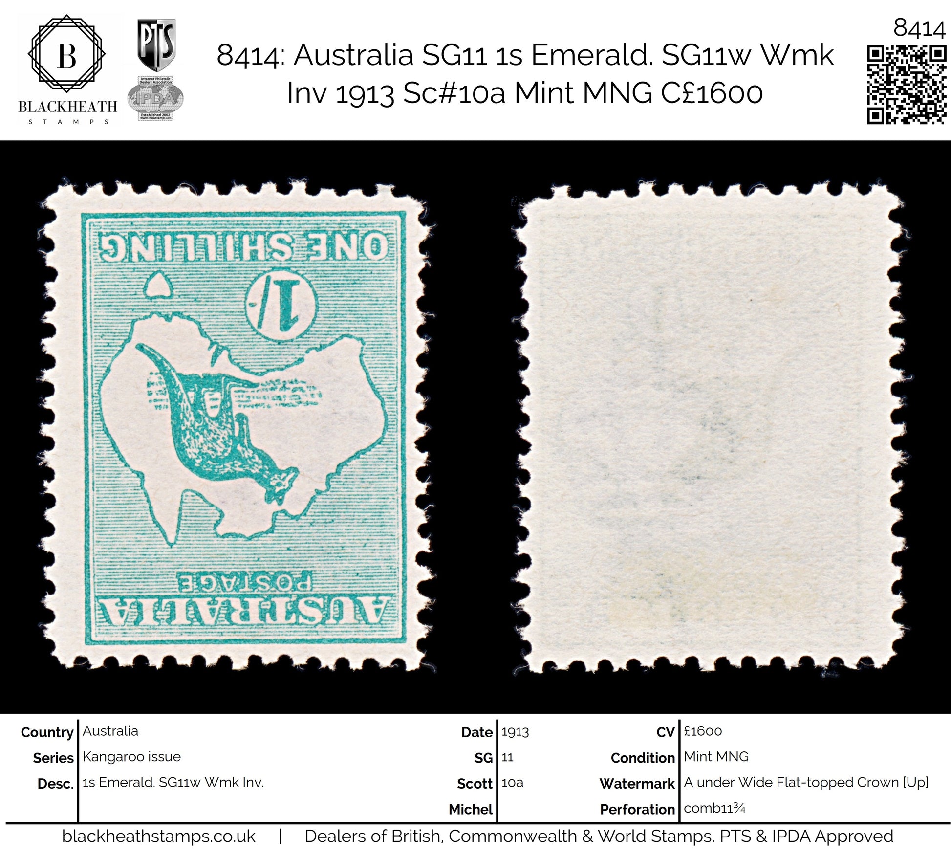 8414: Australia SG11 1s Emerald. SG11w Wmk Inv 1913 Sc#10a Mint MNG C£1600