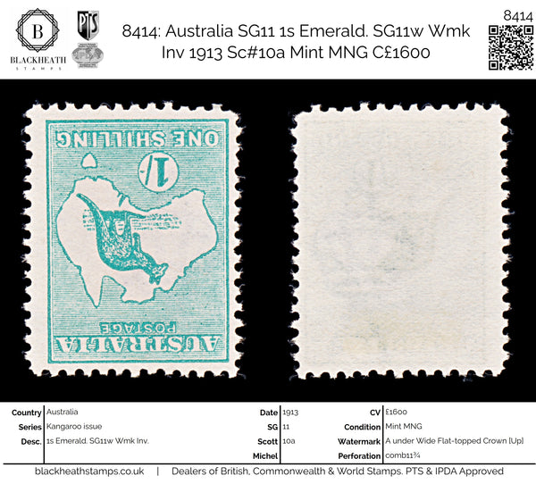 8414: Australia SG11 1s Emerald. SG11w Wmk Inv 1913 Sc#10a Mint MNG C£1600