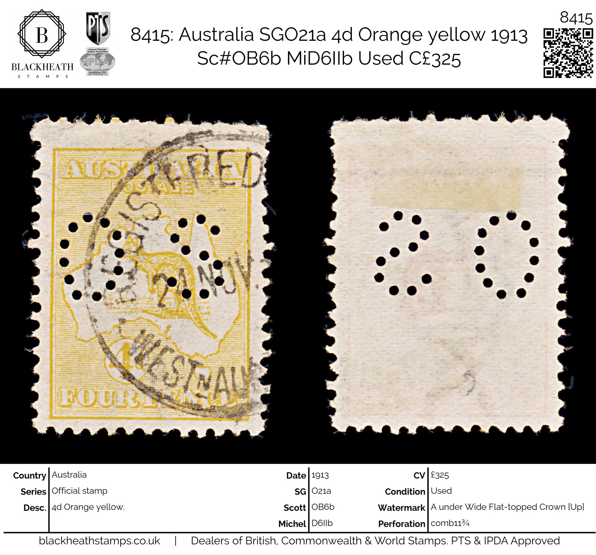 8415: Australia SGO21a 4d Orange yellow 1913 Sc#OB6b MiD6IIb Used C£325
