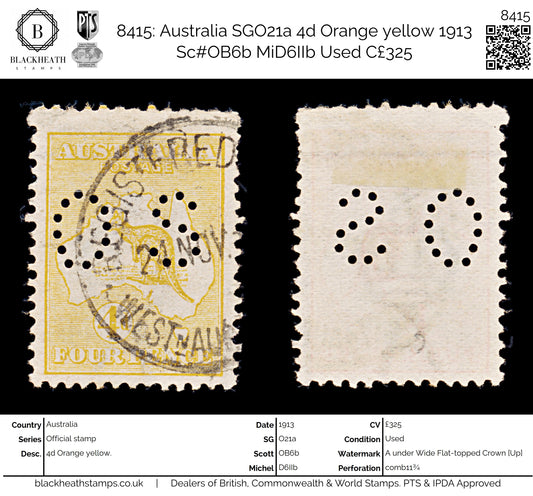 8415: Australia SGO21a 4d Orange yellow 1913 Sc#OB6b MiD6IIb Used C£325
