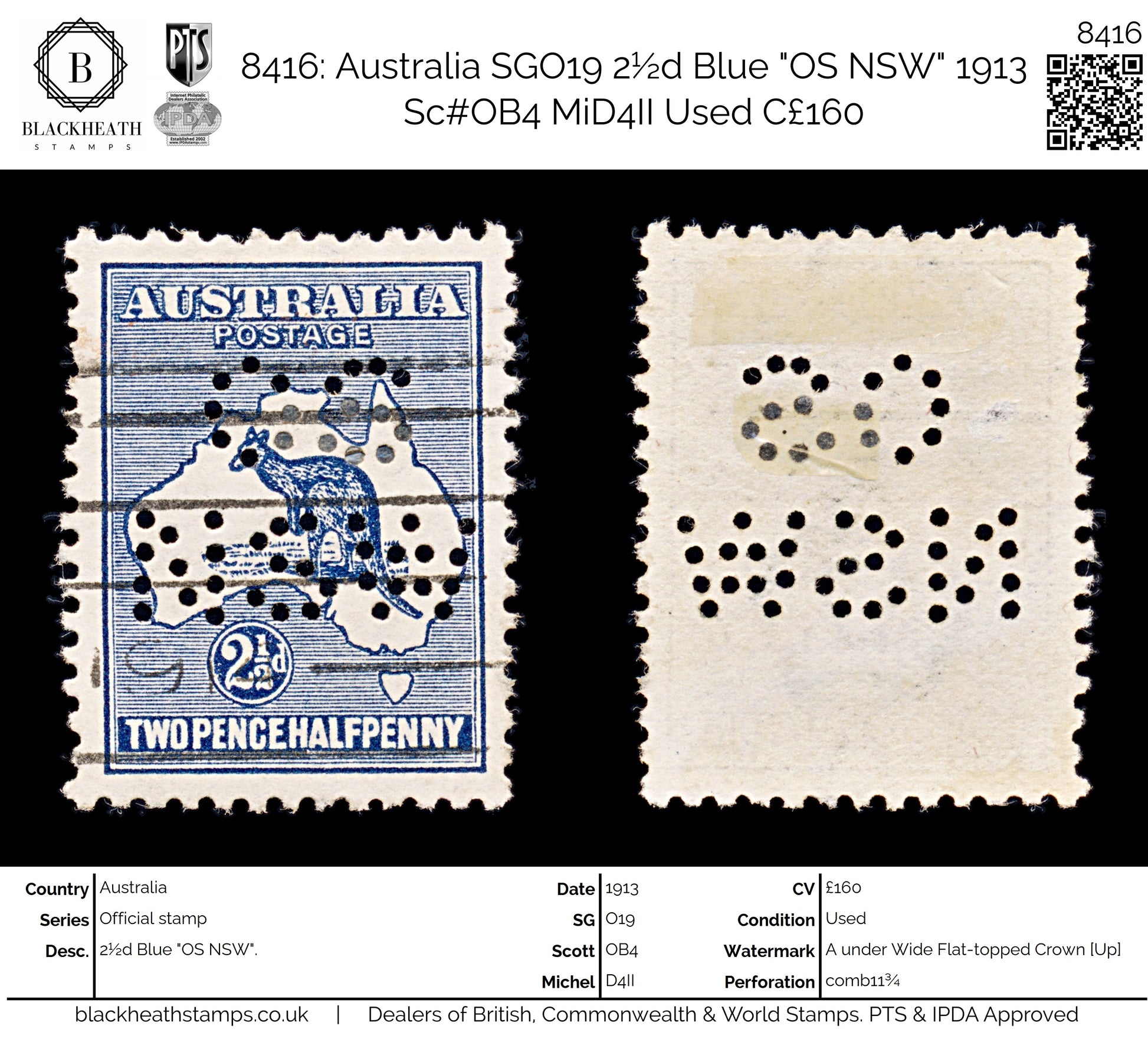 8416: Australia SGO19 2½d Blue "OS NSW" 1913 Sc#OB4 MiD4II Used C£160