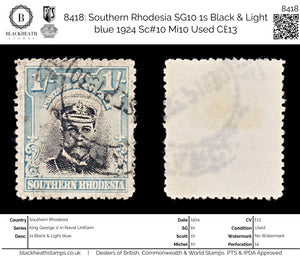 8418: Southern Rhodesia SG10 1s Black & Light blue 1924 Sc#10 Mi10 Used C£13