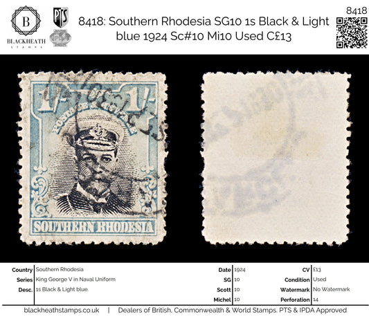 8418: Southern Rhodesia SG10 1s Black & Light blue 1924 Sc#10 Mi10 Used C£13