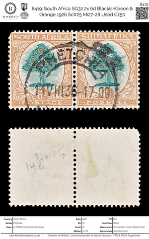 8419: South Africa SG32 2x 6d BlackishGreen & Orange 1926 Sc#25 Mi27-28 Used C£50