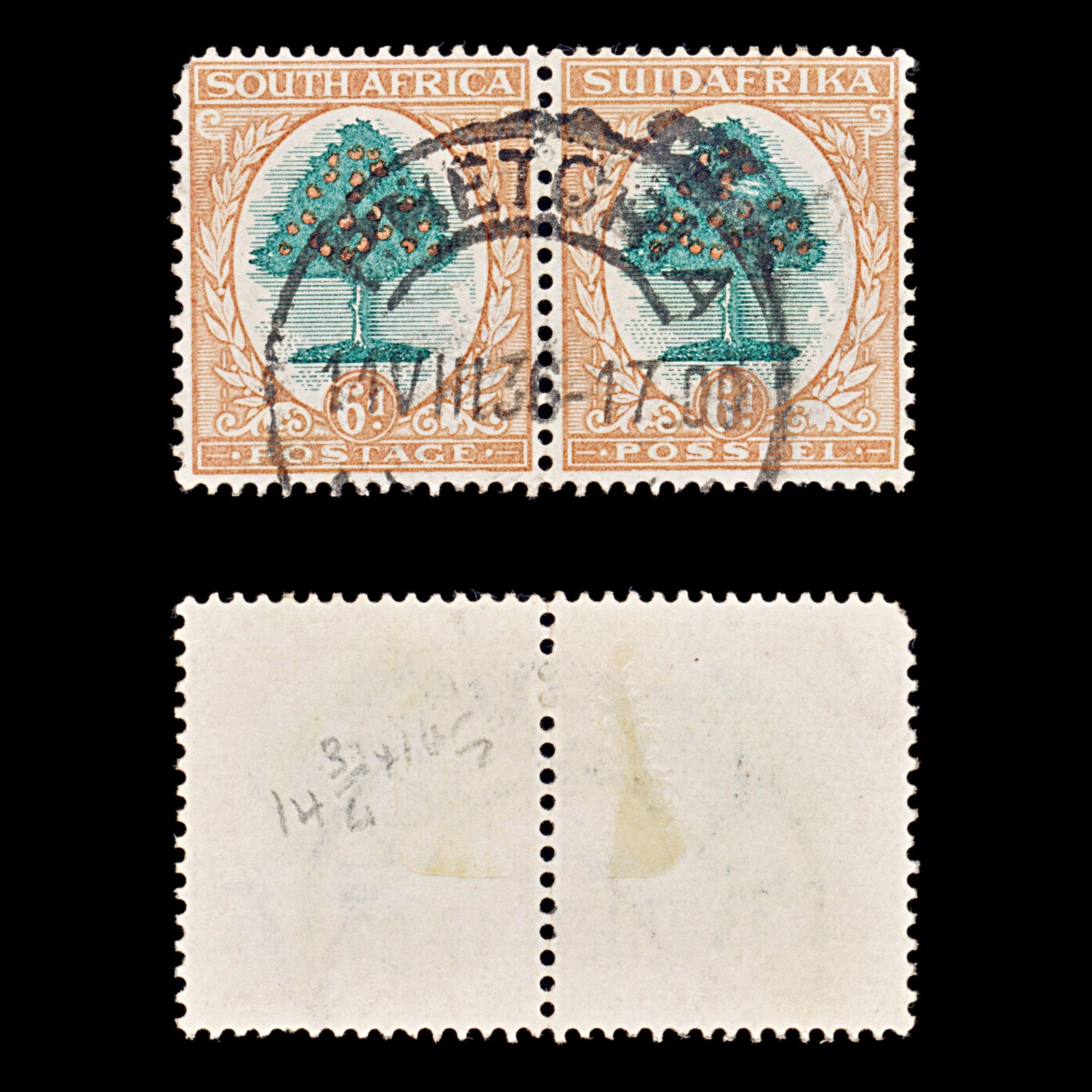 8419: South Africa SG32 2x 6d BlackishGreen & Orange 1926 Sc#25 Mi27-28 Used C£50
