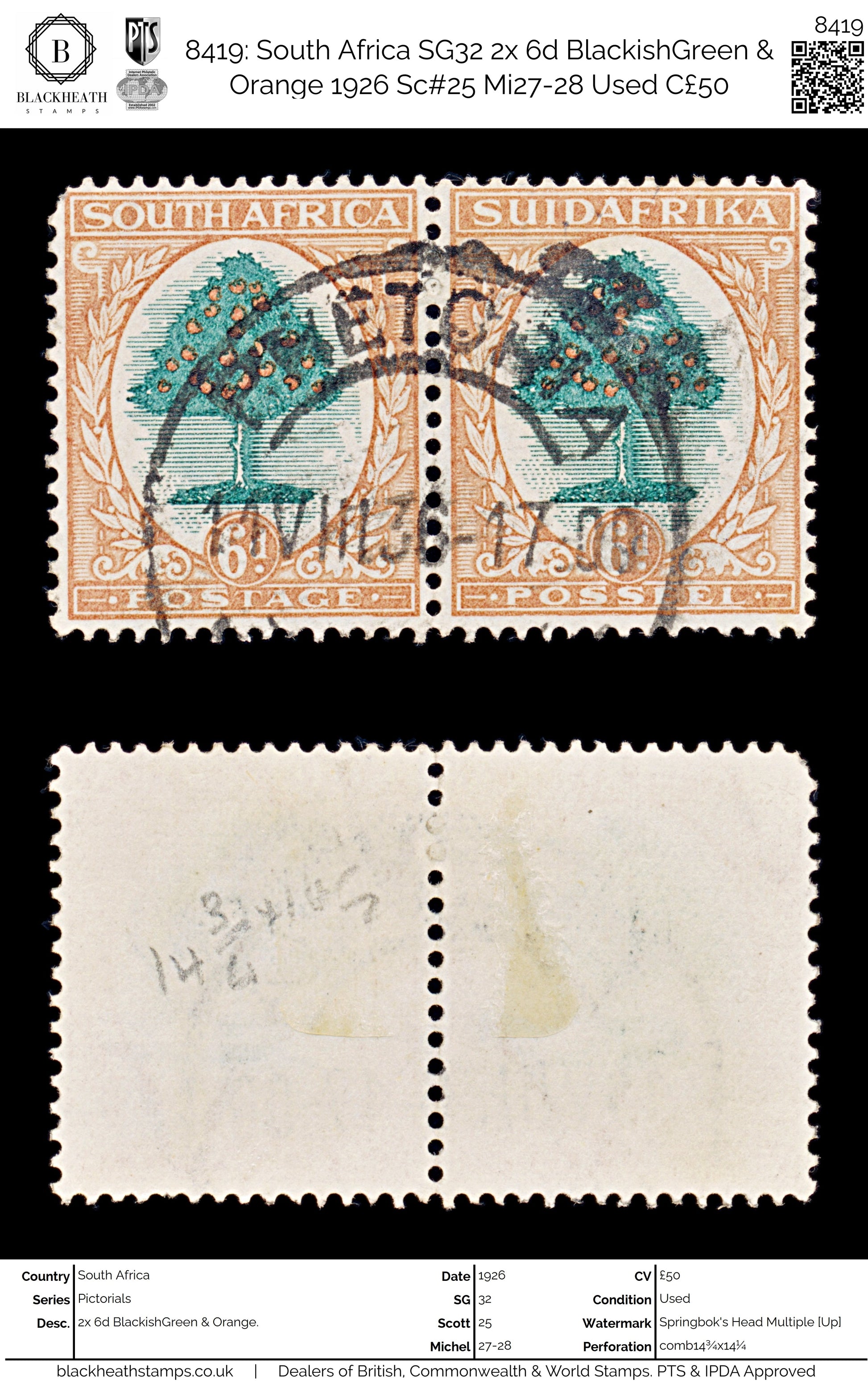 8419: South Africa SG32 2x 6d BlackishGreen & Orange 1926 Sc#25 Mi27-28 Used C£50