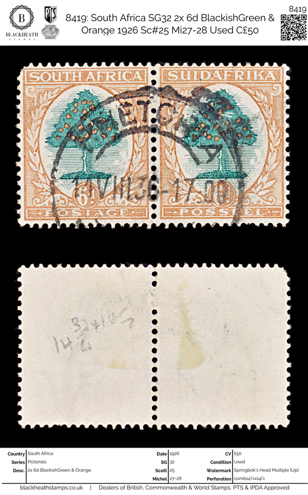 8419: South Africa SG32 2x 6d BlackishGreen & Orange 1926 Sc#25 Mi27-28 Used C£50
