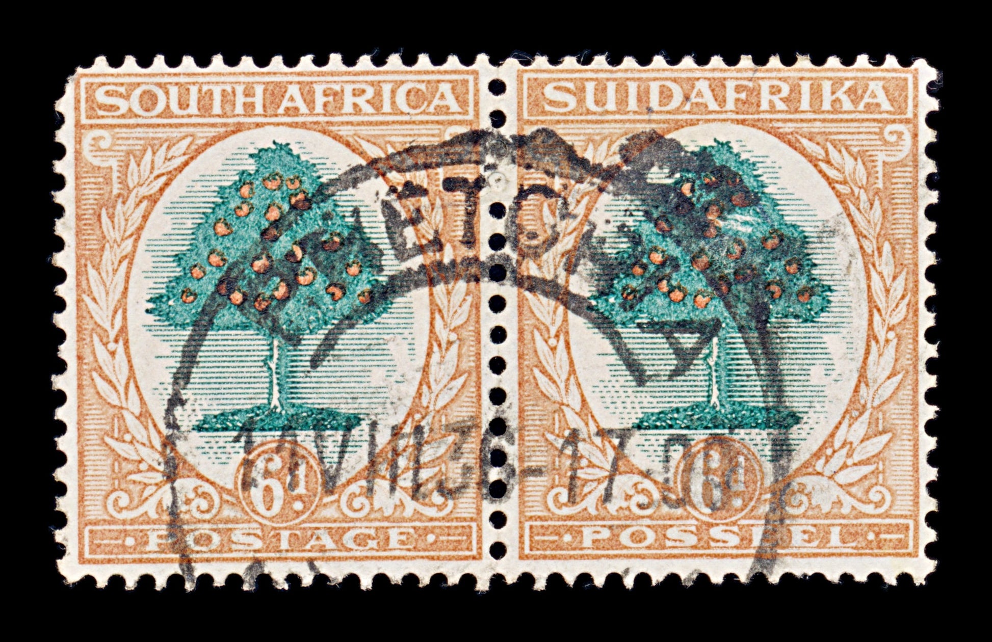 8419: South Africa SG32 2x 6d BlackishGreen & Orange 1926 Sc#25 Mi27-28 Used C£50