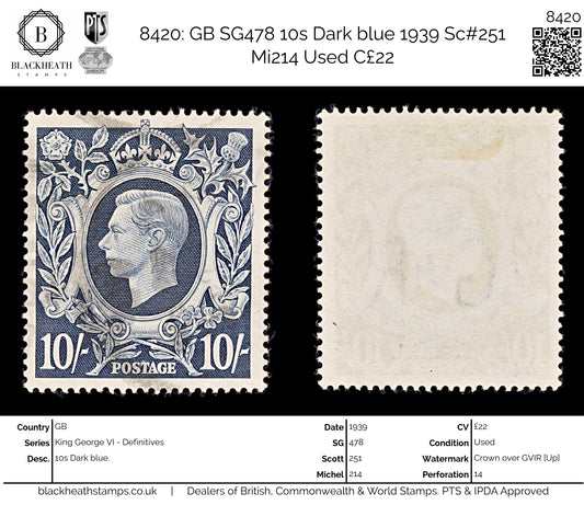 8420: GB SG478 10s Dark blue 1939 Sc#251 Mi214 Used C£22