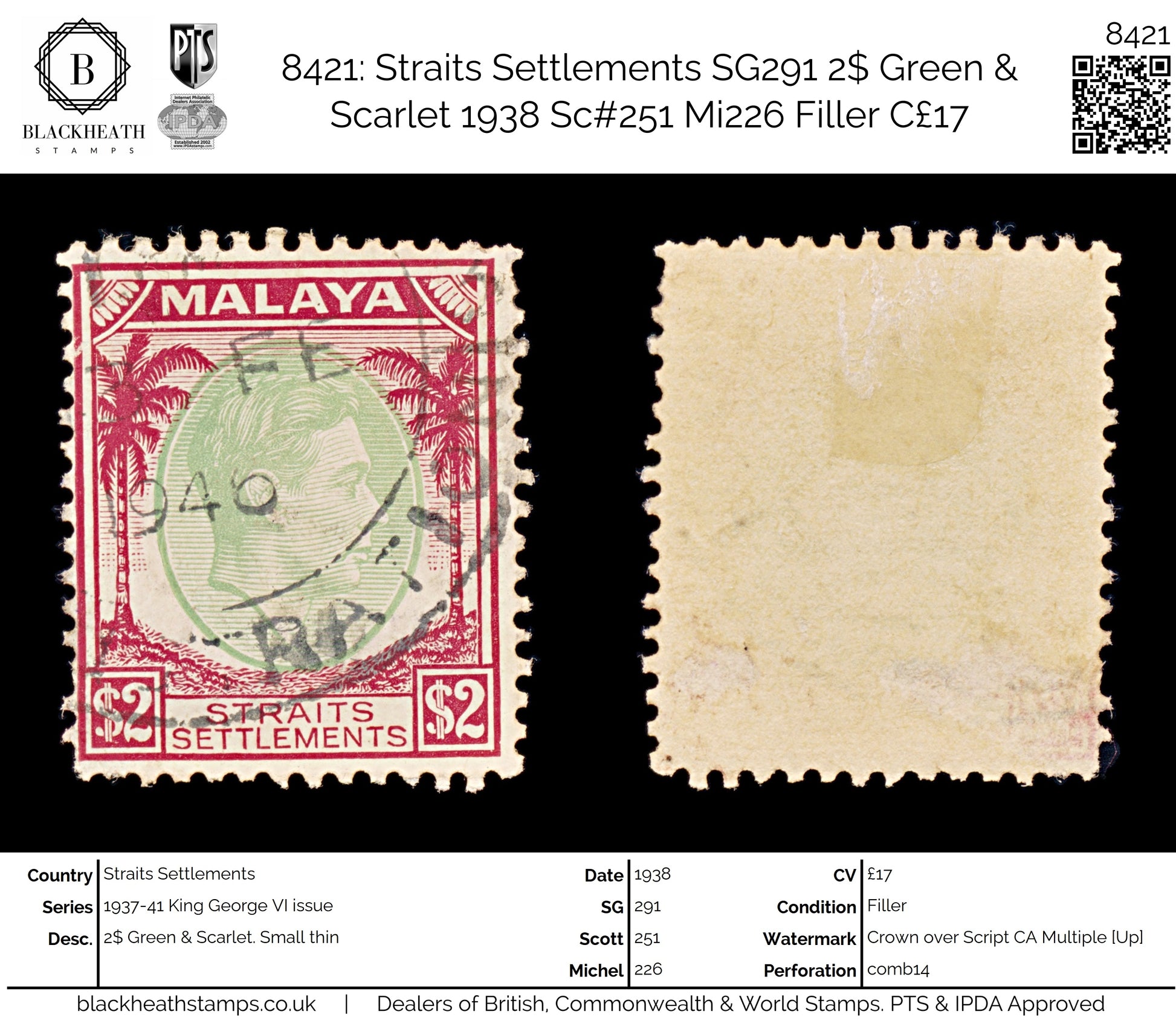 8421: Straits Settlements SG291 2$ Green & Scarlet 1938 Sc#251 Mi226 Filler C£17