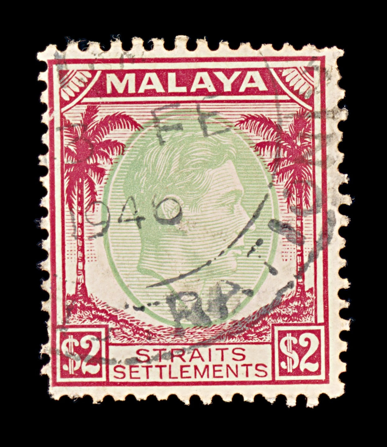 8421: Straits Settlements SG291 2$ Green & Scarlet 1938 Sc#251 Mi226 Filler C£17
