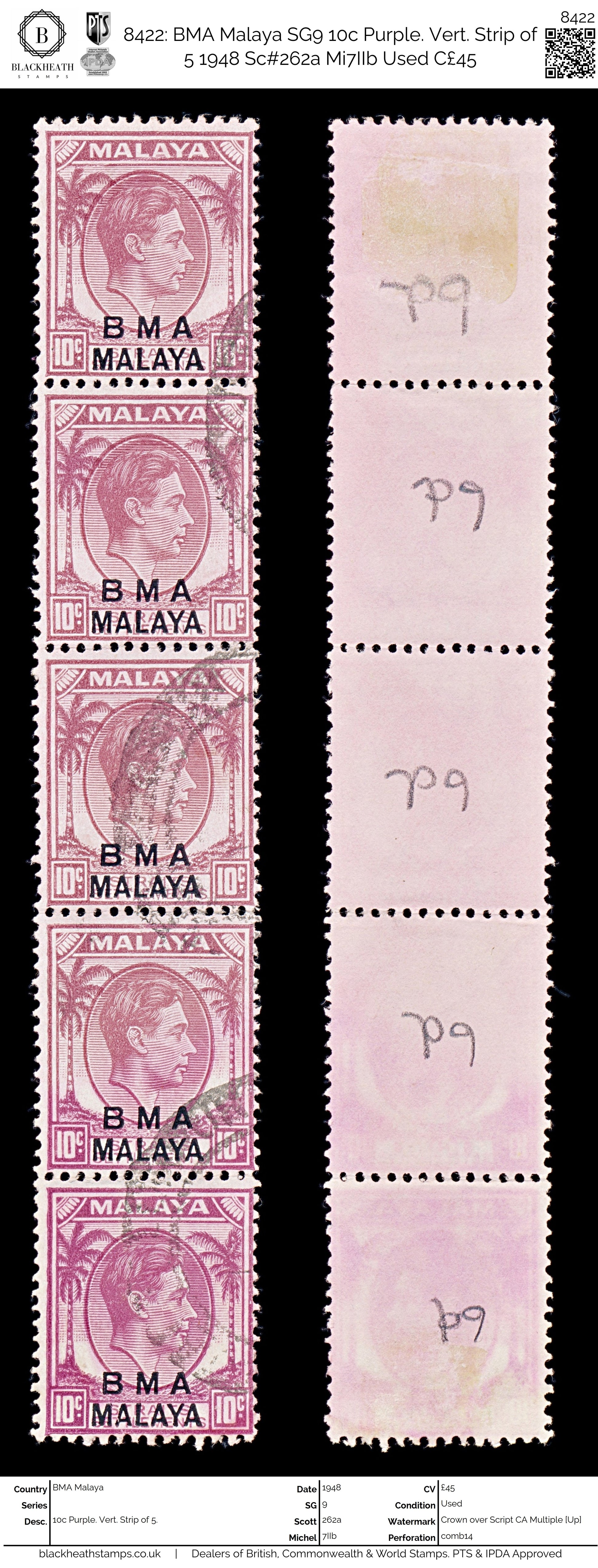 8422: BMA Malaya SG9 10c Purple. Vert. Strip of 5 1948 Sc#262a Mi7IIb Used C£45
