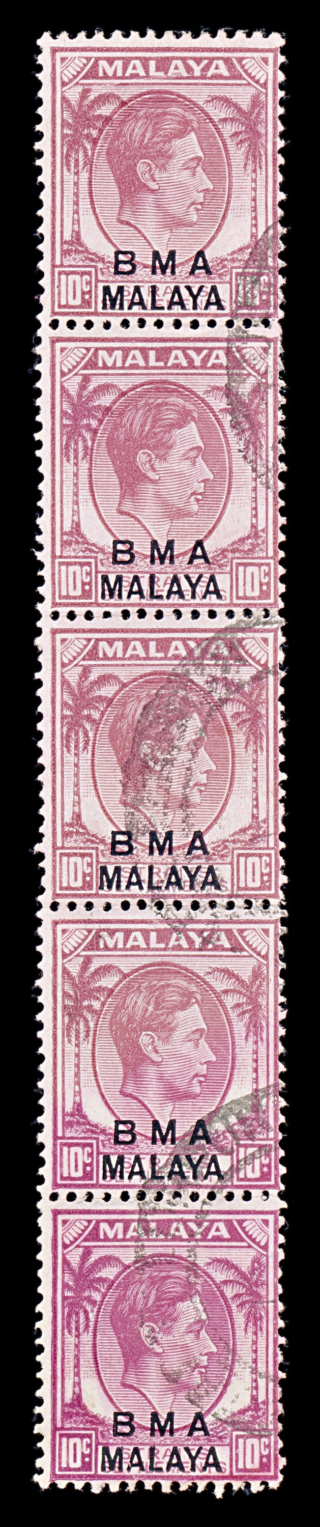 8422: BMA Malaya SG9 10c Purple. Vert. Strip of 5 1948 Sc#262a Mi7IIb Used C£45