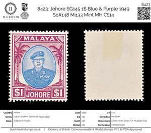 8423: Johore SG145 1$ Blue & Purple 1949 Sc#148 Mi133 Mint MH C£14