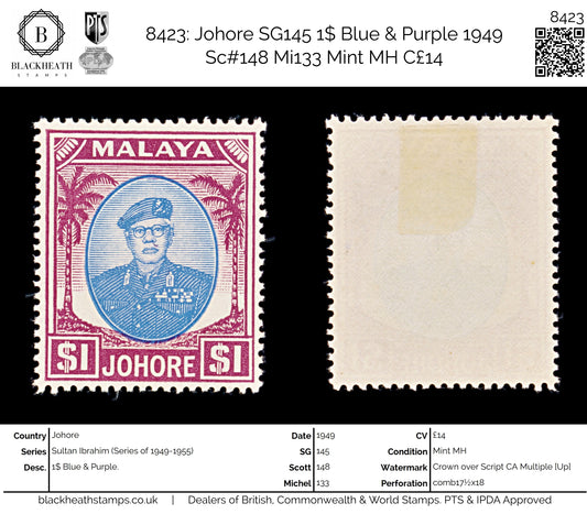 8423: Johore SG145 1$ Blue & Purple 1949 Sc#148 Mi133 Mint MH C£14