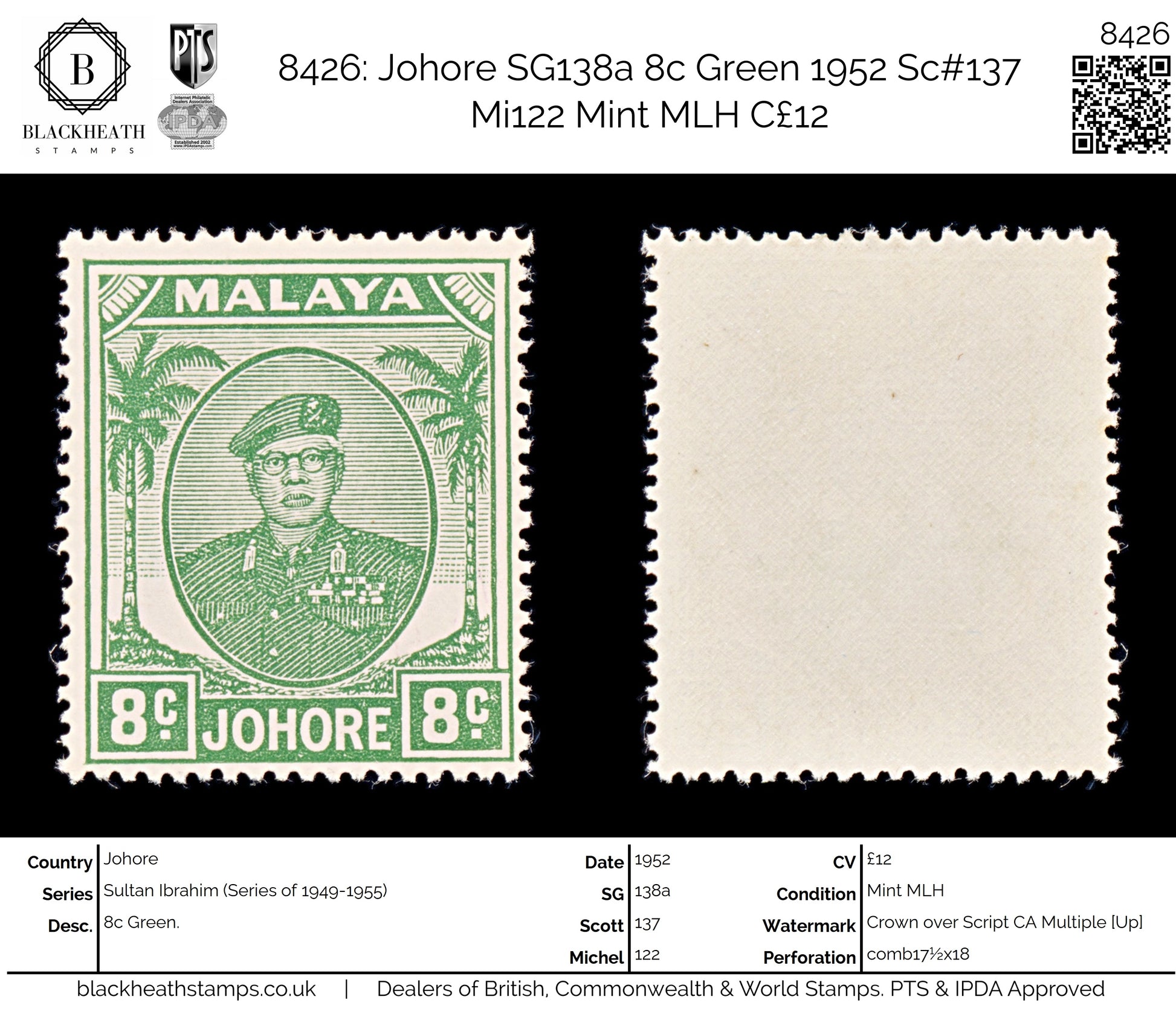 8426: Johore SG138a 8c Green 1952 Sc#137 Mi122 Mint MLH C£12
