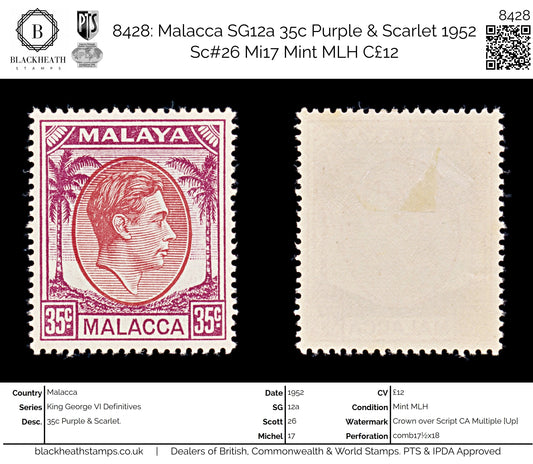 8428: Malacca SG12a 35c Purple & Scarlet 1952 Sc#26 Mi17 Mint MLH C£12