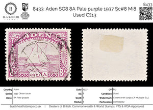8433: Aden SG8 8A Pale purple 1937 Sc#8 Mi8 Used C£13