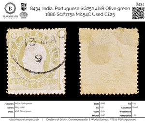 8434: India, Portuguese SG252 4½R Olive green 1886 Sc#175a Mi154C Used C£25