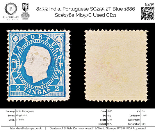 8435: India, Portuguese SG255 2T Blue 1886 Sc#178a Mi157C Used C£11