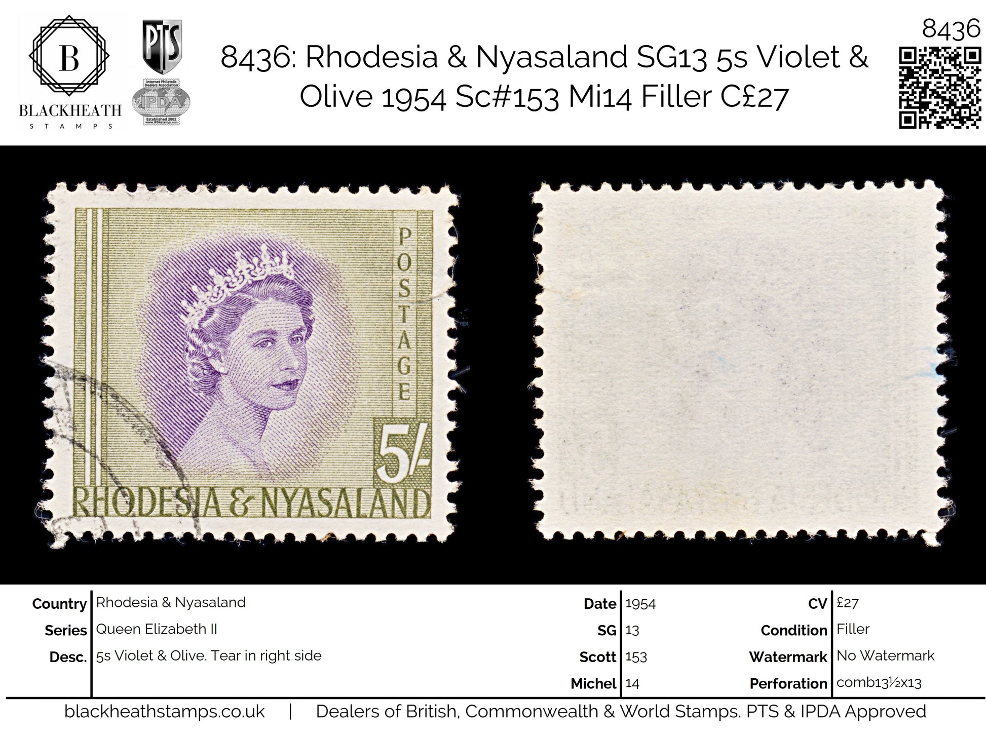 8436: Rhodesia & Nyasaland SG13 5s Violet & Olive 1954 Sc#153 Mi14 Filler C£27