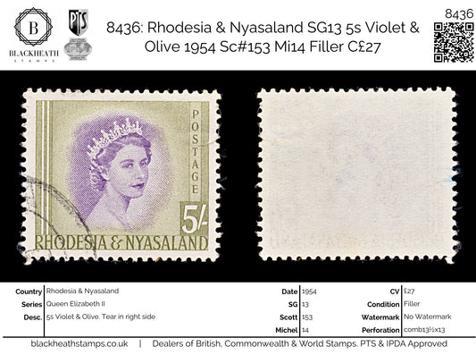 8436: Rhodesia & Nyasaland SG13 5s Violet & Olive 1954 Sc#153 Mi14 Filler C£27
