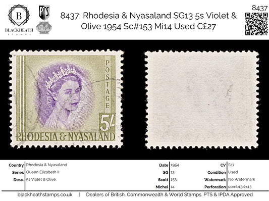 8437: Rhodesia & Nyasaland SG13 5s Violet & Olive 1954 Sc#153 Mi14 Used C£27