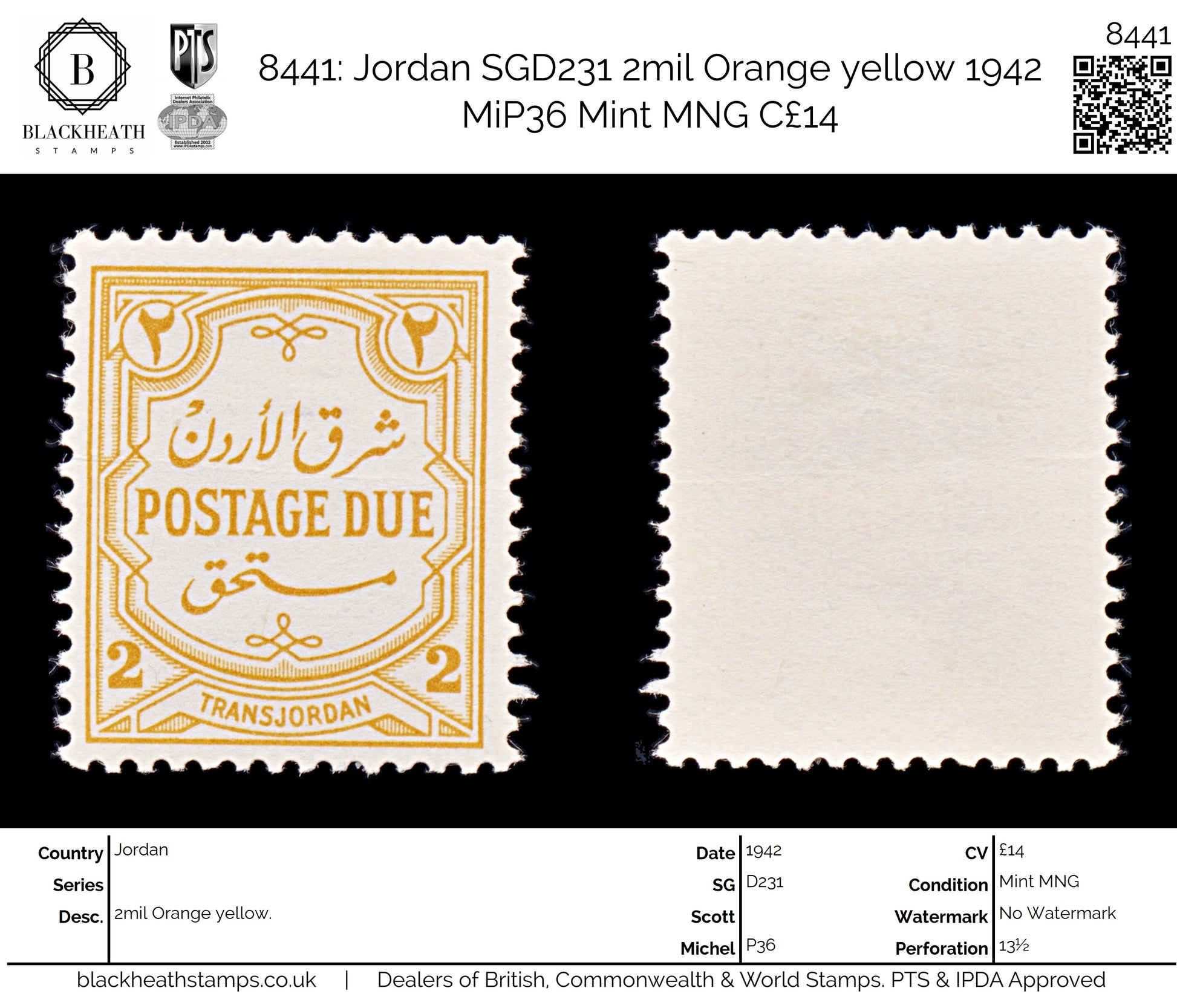 8441: Jordan SGD231 2mil Orange yellow 1942 MiP36 Mint MNG C£14