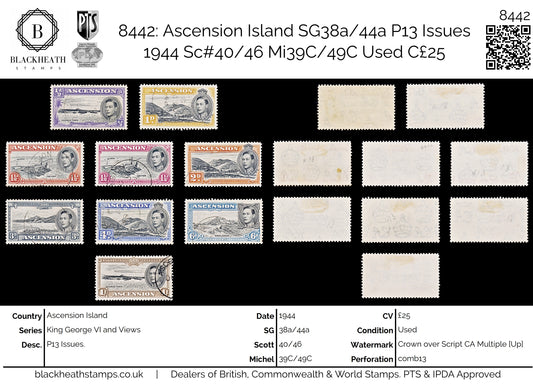8442: Ascension Island SG38a/44a P13 Issues 1944 Sc#40/46 Mi39C/49C Used C£25