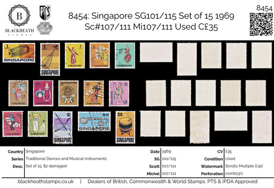 8454: Singapore SG101/115 Set of 15 1969 Sc#107/111 Mi107/111 Used C£35
