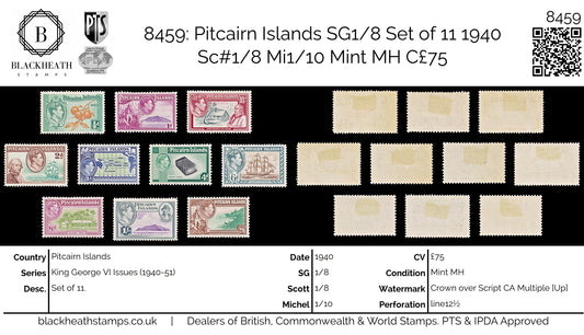 8459: Pitcairn Islands SG1/8 Set of 11 1940 Sc#1/8 Mi1/10 Mint MH C£75