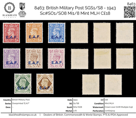 8463: British Military Post SGS1/S8 - 1943 Sc#SO1/SO8 Mi1/8 Mint MLH C£18