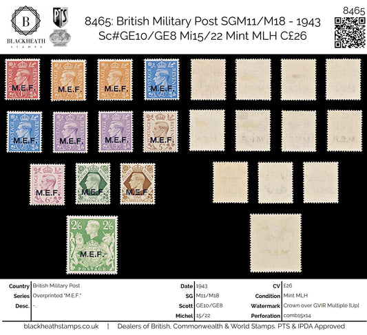 8465: British Military Post SGM11/M18 - 1943 Sc#GE10/GE8 Mi15/22 Mint MLH C£26