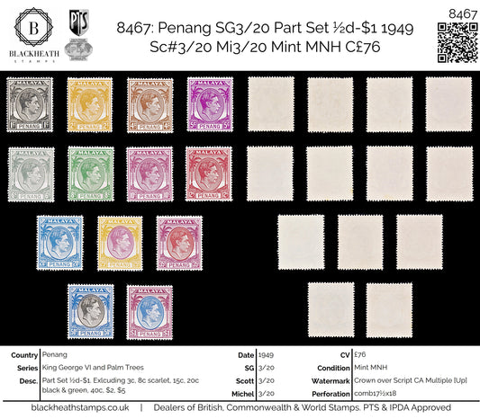 8467: Penang SG3/20 Part Set ½d-$1 1949 Sc#3/20 Mi3/20 Mint MNH C£76