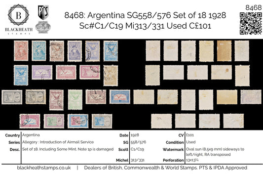 8468: Argentina SG558/576 Set of 18 1928 Sc#C1/C19 Mi313/331 Used C£101