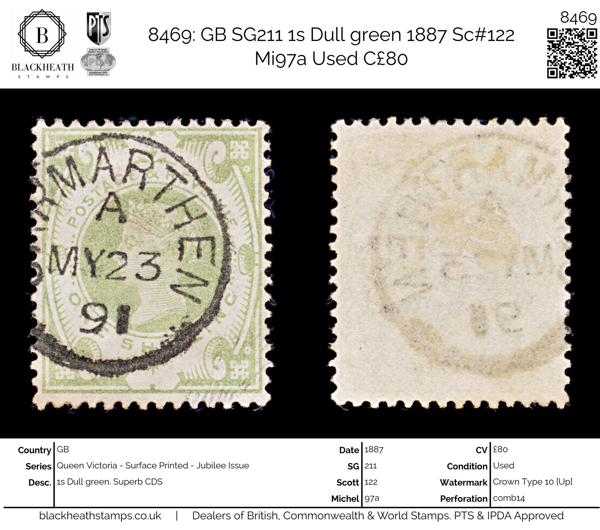 8469: GB SG211 1s Dull green 1887 Sc#122 Mi97a Used C£80