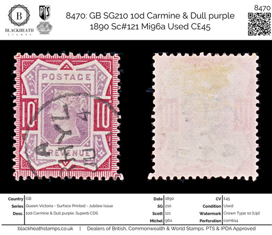 8470: GB SG210 10d Carmine & Dull purple 1890 Sc#121 Mi96a Used C£45