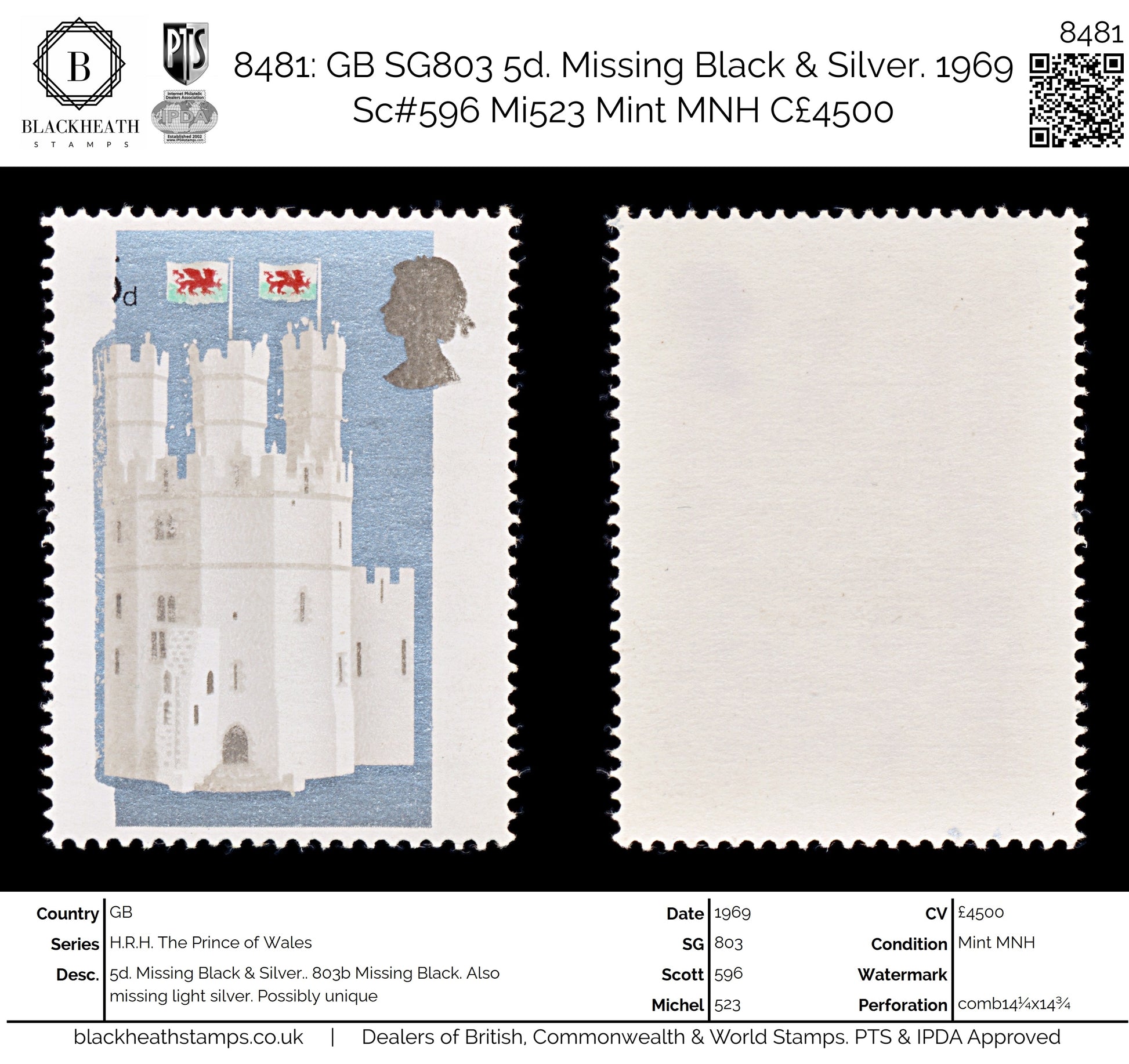 8481: GB SG803 5d. Missing Black & Silver. 1969 Sc#596 Mi523 Mint MNH C£4500